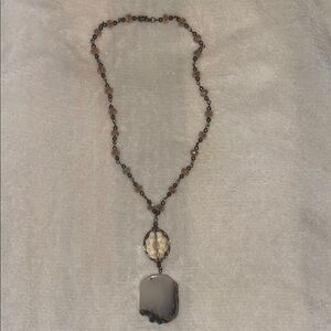Elegant Brown Beaded Necklace with Stone Pendant